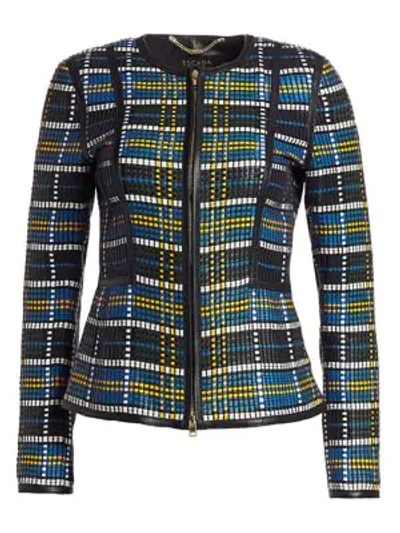 Escada Sari Check Woven Leather Zip-front Jacket In Navy