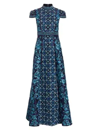 Alice And Olivia Nidia Embroidered Mock-neck Cap-sleeve Gown In Navy