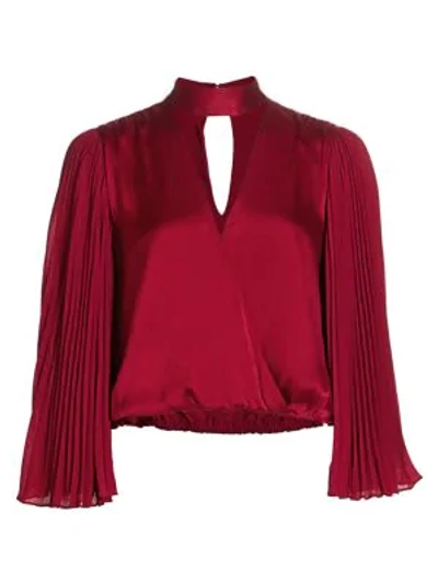 Alice And Olivia Luba Pleated-sleeve Crop Top In Bordeaux