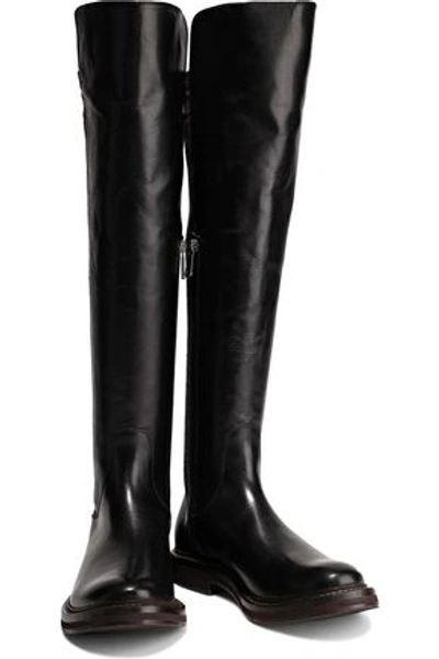 Brunello Cucinelli Woman Stretch Knit-paneled Bead-embellished Leather Knee Boots Black