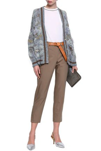 Brunello Cucinelli Woman Feather And Sequin-embellished Metallic Cotton-blend Cardigan Sky Blue
