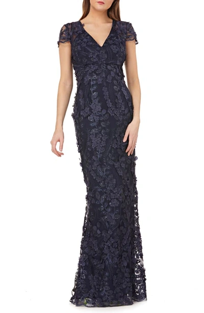 Carmen Marc Valvo Infusion Petals Embellished Gown In Navy