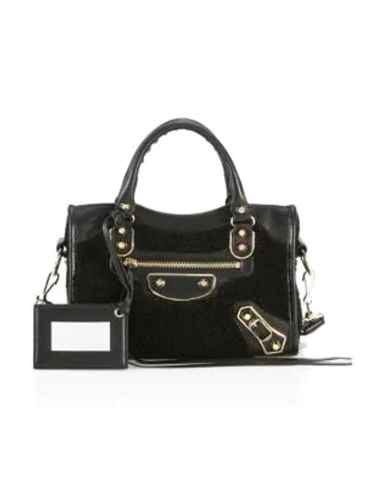 Balenciaga Mini City Faux Shearling & Leather Satchel In Black