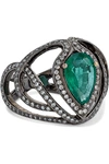 AMRAPALI 18-KARAT BLACKENED GOLD, EMERALD AND DIAMOND RING