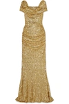 DOLCE & GABBANA DRAPED SEQUINED SILK-BLEND GOWN