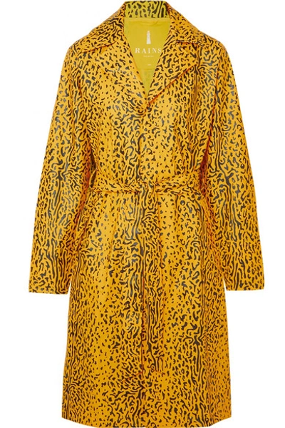 Rains Belted Leopard-print Matte-pu Trench Coat In Yellow