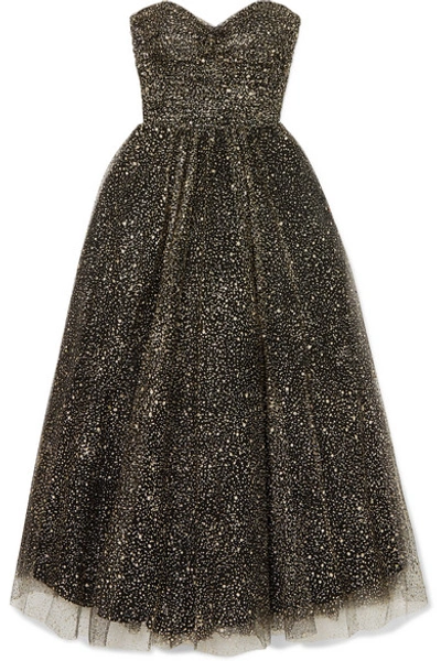 Monique Lhuillier Brie Strapless Ruched Glittered Tulle Gown In Black