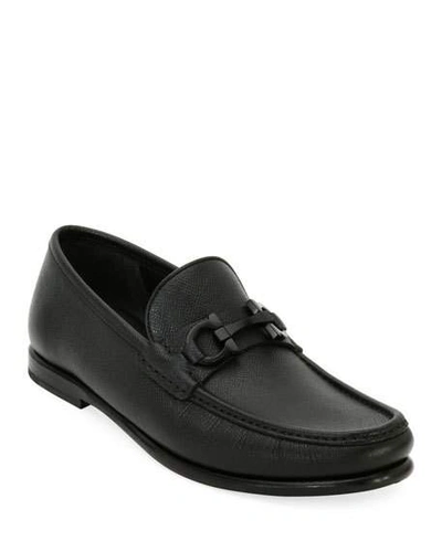 Ferragamo Men's Crown Textured Leather Gancini Moccasin Loafers In Black