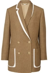 FENDI DOUBLE-BREASTED BOW-DETAILED LEATHER-TRIMMED WOOL AND SILK-BLEND BLAZER