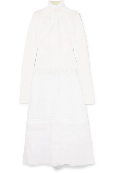 Loewe Ribbed Wool And Cotton-voile Turtleneck Midi Dress In White