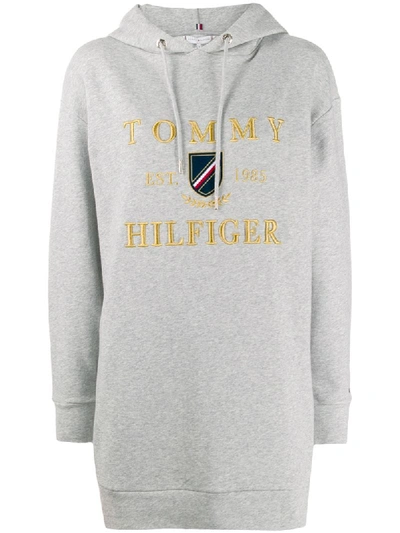 Tommy Hilfiger Logo Embroidered Long Hoodie In Grey