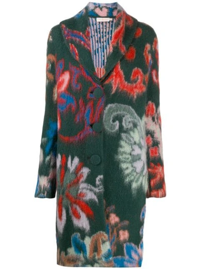 Tory Burch Merino-wool Floral-intarsia Sweater Coat In Green