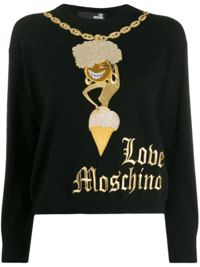 Love Moschino Embroidered Gold-chain Jumper In Black