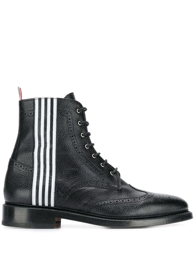 Thom Browne Striped Pebbled-leather Wingtip Boots In Black