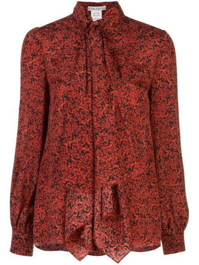 Alice And Olivia Tammy Mandarin-collar Button-down Top With Removable Tie In Red