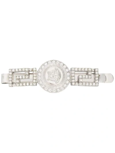 Versace Medusa Greek Key Embellished Hair Clip In Silver