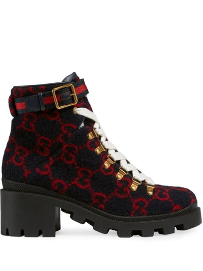 Gucci Trip Gg Wool Lace-up Booties In Blue