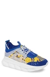 Versace Blue & Gold Heritage 'crete De Fleur' Chain Reaction Sneakers In Blue/ Gold/ White