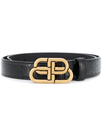 Balenciaga Embellished Glossed Croc-effect Leather Belt In Black