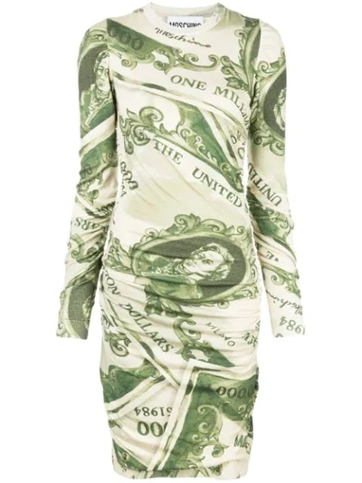 Moschino Money Print Ruched Long Sleeve Wool Minidress In Beige