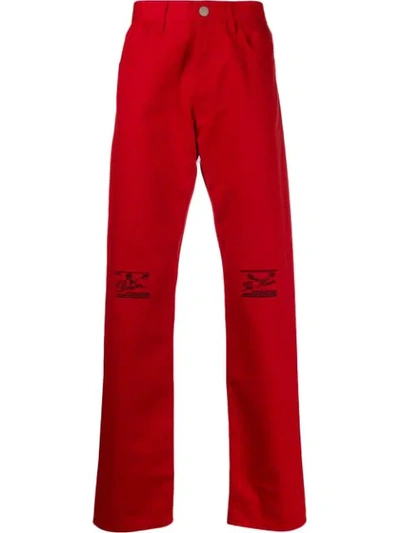 Raf Simons Slim-fit Embroidered Knee Jeans In Red