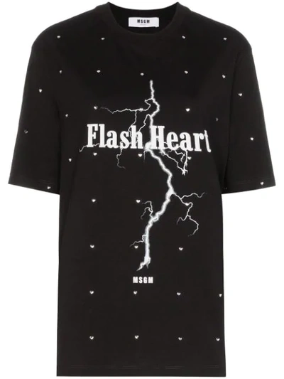 Msgm "flash Heart" Crystal Embellished T-shirt In Black