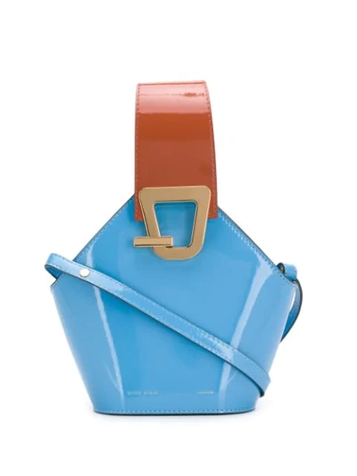 Danse Lente Mini Johnny Geometric Patent Leather Bucket Bag In Brown,light Blue