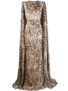 ALEX PERRY LEOPARD PRINT CAPE SLEEVE GOWN