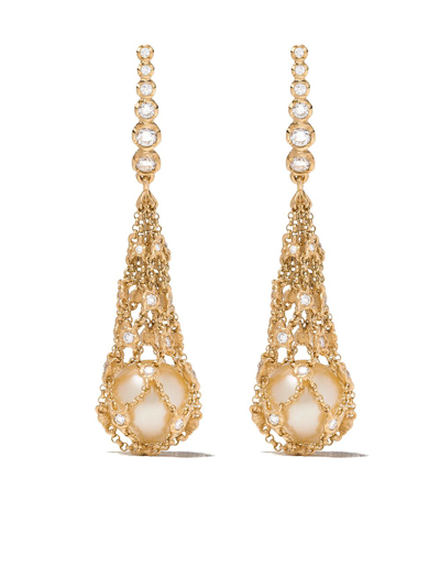 Annoushka 18kt Yellow Gold Lattice Net Pearl And Diamond Earrings