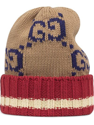 Gucci Gg Knitted Beanie In Beige Cotton
