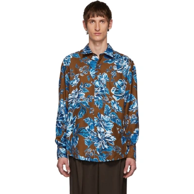 Ami Alexandre Mattiussi Floral Long Sleeve Button Down Shirt In Brown