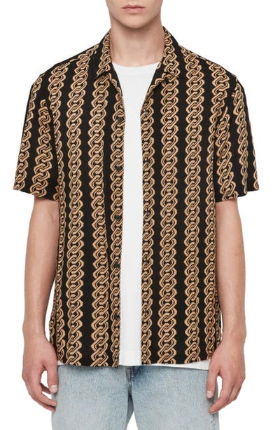 Allsaints Link Regular Fit Short Sleeve Button-up Shirt In Jet Black/ Yellow