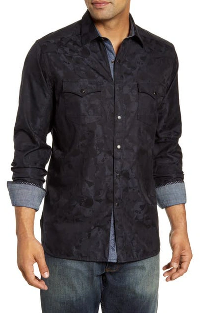 Robert Graham Men's Tombstone Tonal Skull-print Sport Shirt W/ Contrast Detail In Black