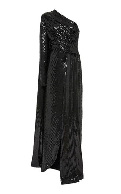 Elie Saab One-sleeve Draped Sequined Tulle Gown In Black