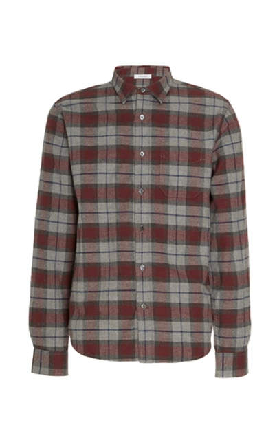 Frame Brushed Plaid Button Down Shirt In Burgundy