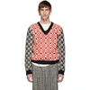 GUCCI GUCCI RED AND BLACK WOOL JACQUARD V-NECK SWEATER
