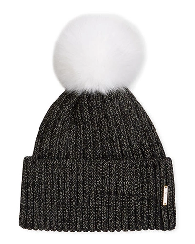 Gorski Metallic Wool Blend Hat W/ Fox Fur Pompom In Black