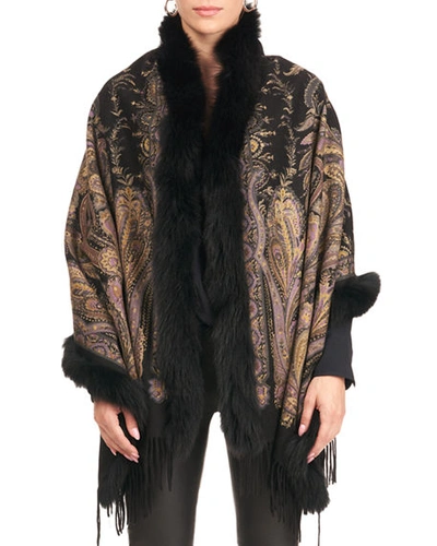 Gorski Double Face Cashmere Stole With Rex Rabbit Top/bottom In Black Paisley