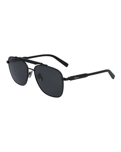 Ferragamo Men's Classic Logo Navigator Sunglasses In Black