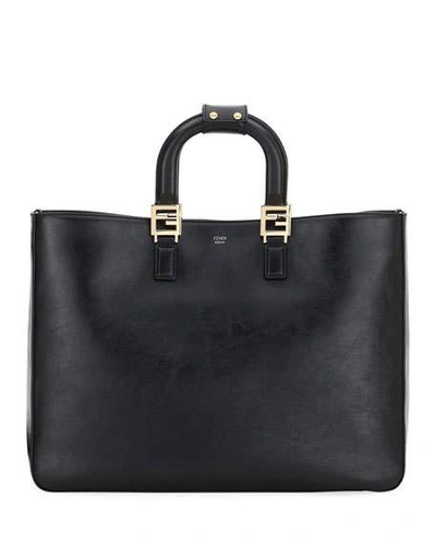 Fendi Glacier Large Calf Leather Shopping Tote Bag In Black