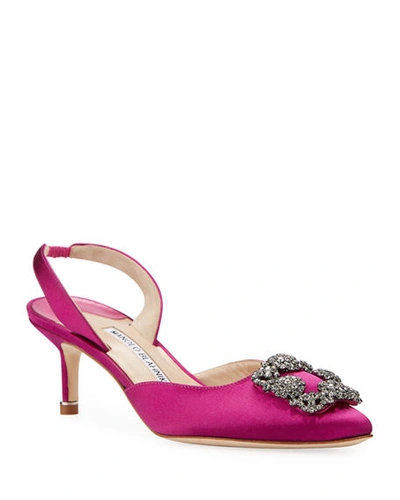 Manolo Blahnik Hangisi Kitten-heel Satin Slingback Pumps In Purple