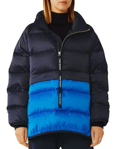 Tory Sport Tory Burch Packable Performance Satin Down Jacket In Tory Navy / Galleria Blue