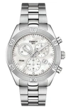 Tissot Women's Swiss Chronograph T-classic Pr 100 Diamond (1/20 Ct. T.w.) Gray Stainless Steel Bracelet Wat In Silver/ Mop/ Silver