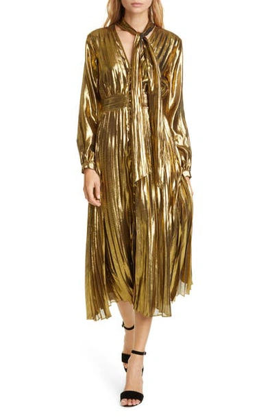 Equipment Macin Pleated Metallic Tie-neck Midi Dress In Metallic Gold