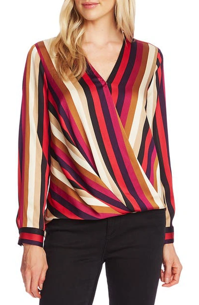 Vince Camuto Mayfair Stripe Wrap-front Top In Tulip Red