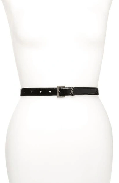 Saint Laurent Ysl Monogram Lizard Embossed Leather Belt In Black+silver