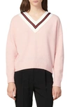 Sandro Contrast Striped-panel Wool-blend Jumper In Pink