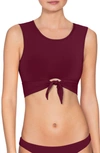 Robin Piccone Ava Longline Knot Front Bikini Top In Eggplant