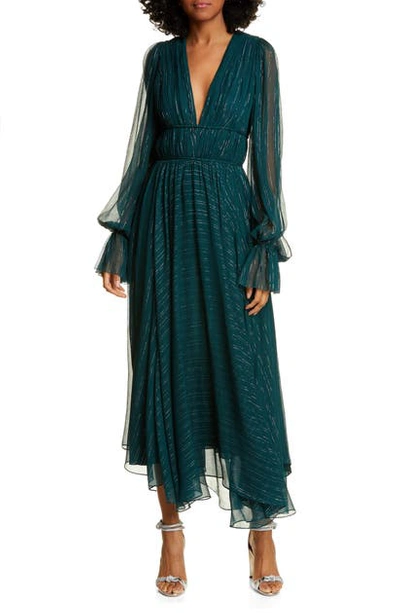 Amur Heidi Metallic Stripe Long Sleeve Silk Blend Dress In Deep Emerald