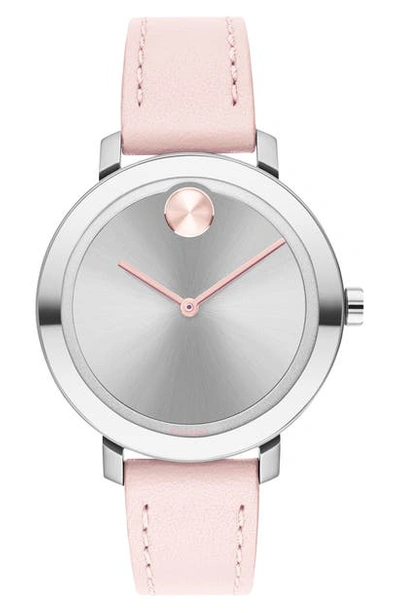 Movado Bold Leather Strap Watch, 34mm In Pink/ Silver